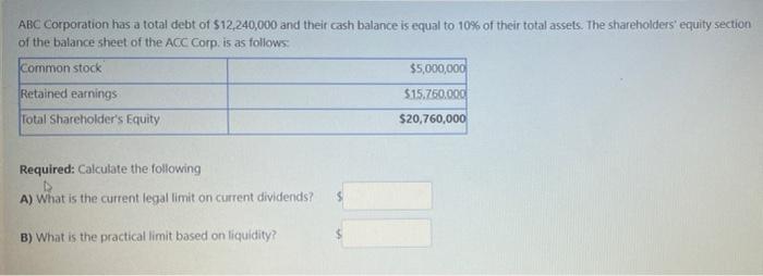 Abc Corporation Has A Total Debt Of 12 240 000 And Their Cash Balance Is Equal To 10 Of Their Total Assets The Shareh 1