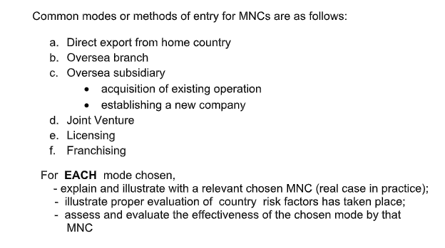 Common Modes Or Methods Of Entry For Mncs Are As Follows A Direct Export From Home Country B Oversea Branch C Overse 1