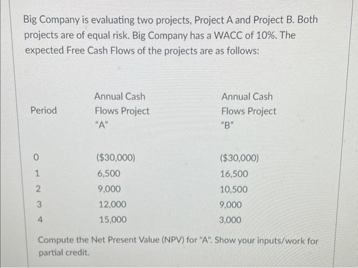Big Company Is Evaluating Two Projects Project A And Project B Both Projects Are Of Equal Risk Big Company Has A Wacc 1