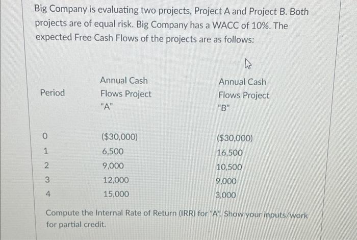 Big Company Is Evaluating Two Projects Project A And Project B Both Projects Are Of Equal Risk Big Company Has A Wacc 1