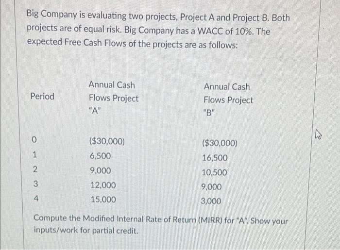 Big Company Is Evaluating Two Projects Project A And Project B Both Projects Are Of Equal Risk Big Company Has A Wacc 1