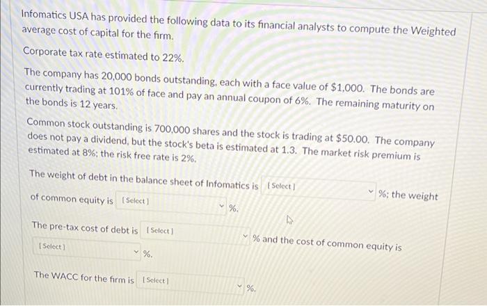 Infomatics Usa Has Provided The Following Data To Its Financial Analysts To Compute The Weighted Average Cost Of Capital 1