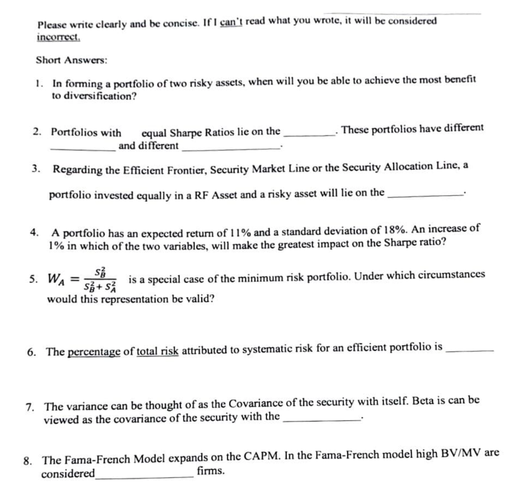 Please Write Clearly And Be Concise If I Can T Read What You Wrote It Will Be Considered Incorrect Short Answers 1 I 1