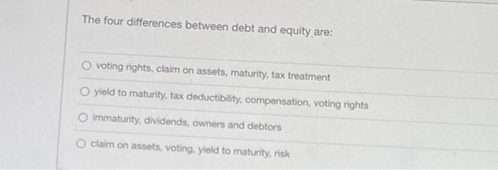 The Four Differences Between Debt And Equity Are Voting Rights Claim On Assets Maturity Tax Treatment O Yield To Mat 1