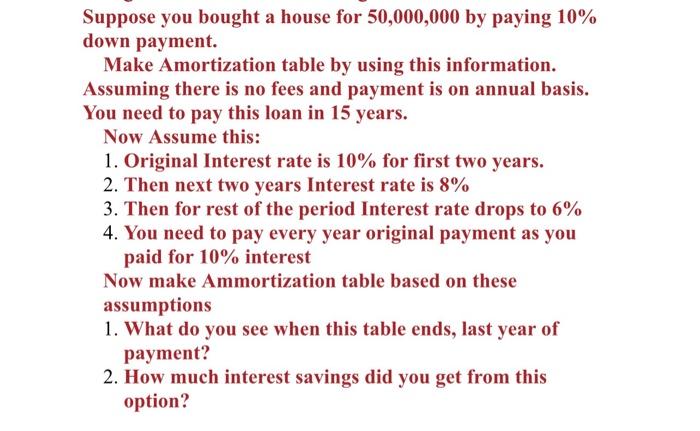 Suppose You Bought A House For 50 000 000 By Paying 10 Down Payment Make Amortization Table By Using This Information 1