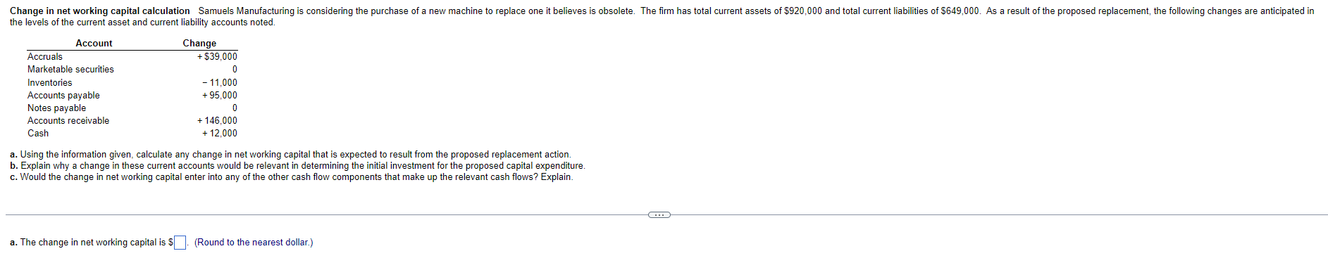 Change In Net Working Capital Calculation Samuels Manufacturing Is Considering The Purchase Of A New Machine To Replace 1