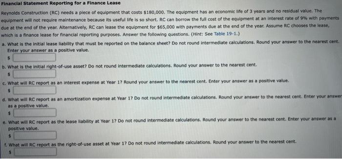 Financial Statement Reporting For A Finance Lease Reynolds Construction Rc Needs A Piece Of Equipment That Costs 180 1