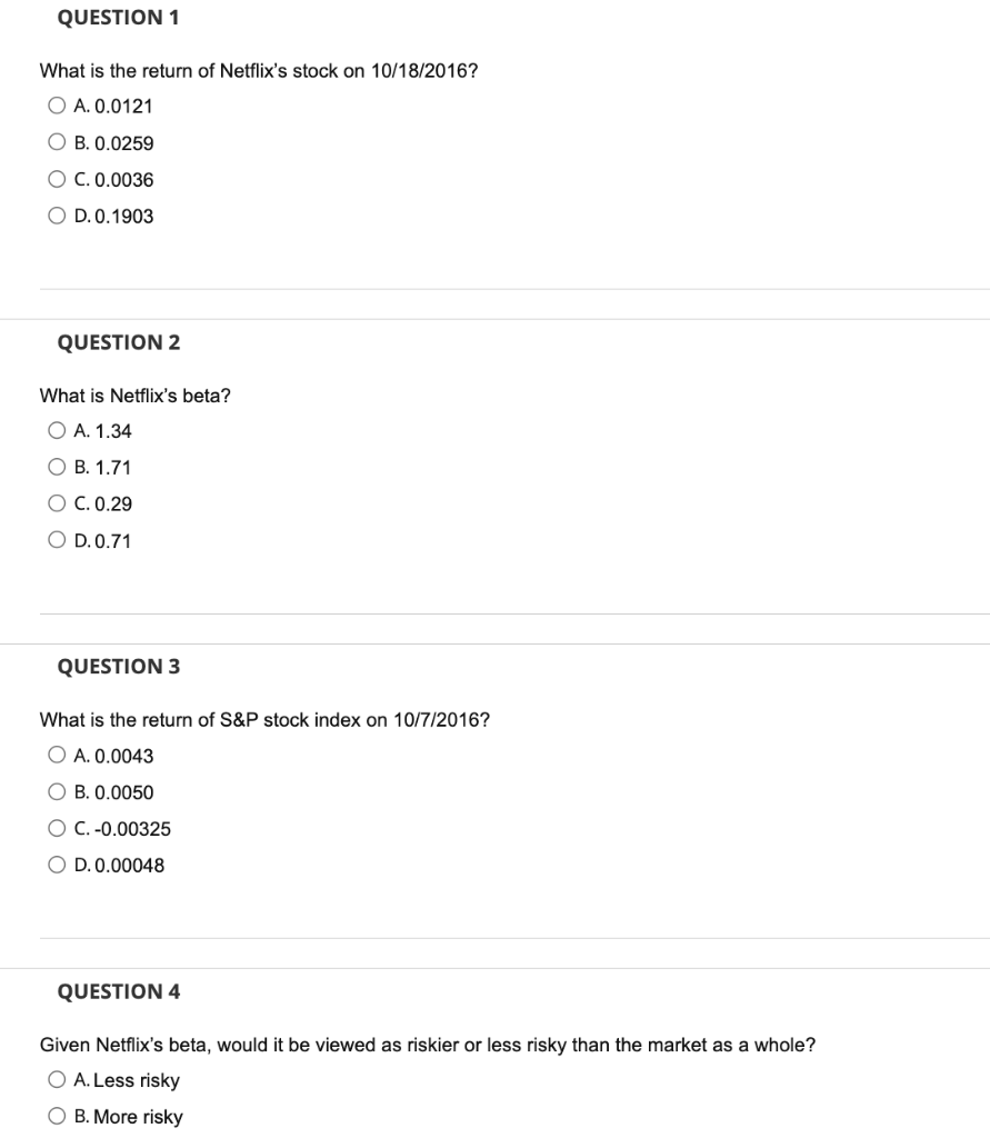 Beta 49 62 Date Netflix S P Netflix S P 10 3 16 102 629997 2161 2 10 4 16 102 339996 2150 49 0 009716207 0 00046041 2