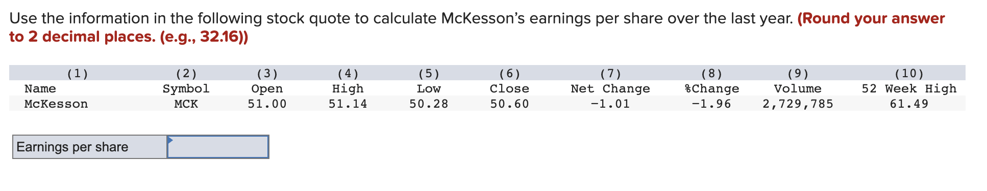 Use The Information In The Following Stock Quote To Calculate Mckesson S Earnings Per Share Over The Last Year Round Y 1