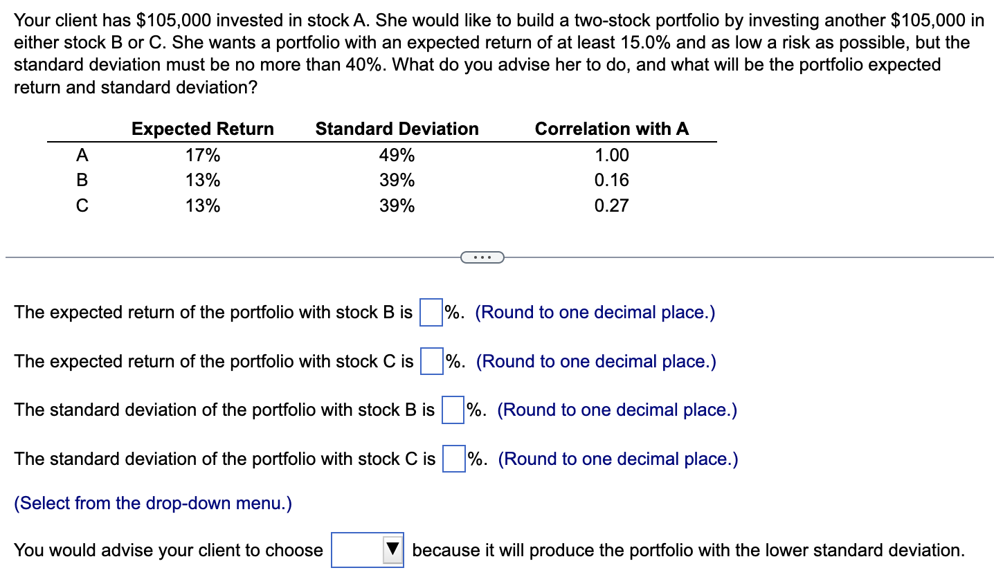 Your Client Has 105 000 Invested In Stock A She Would Like To Build A Two Stock Portfolio By Investing Another 105 00 1