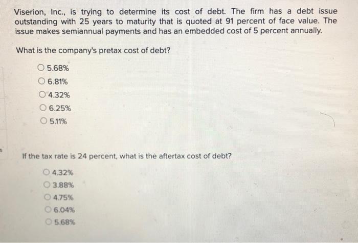 Starset Inc Has A Target Debt Equity Ratio Of 0 86 Its Wacc Is 11 Percent And The Tax Rate Is 35 Percent If The Co 2
