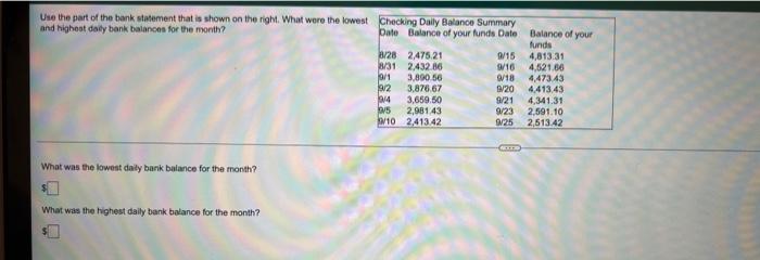 Use The Part Of The Bank Statement That Is Shown On The Right What Were The Lowest Checking Bally Balance Summary And H 1