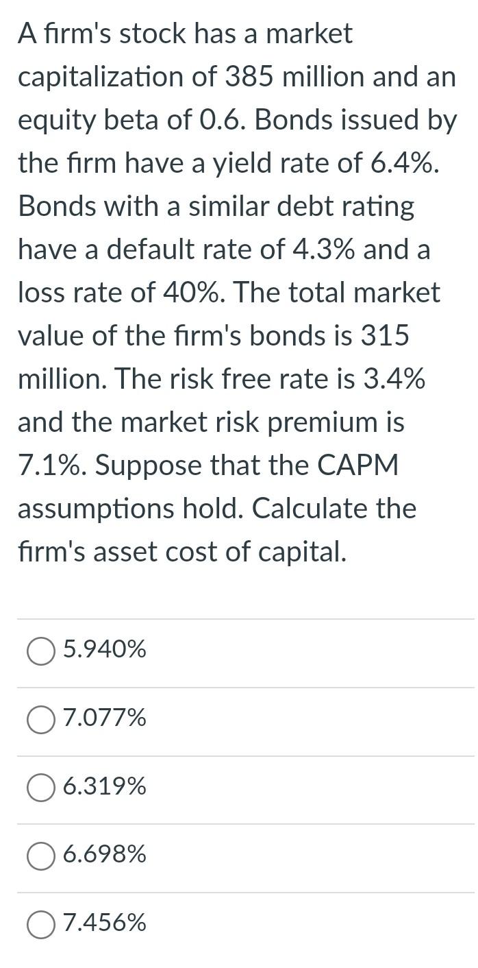 A Firm S Stock Has A Market Capitalization Of 385 Million And An Equity Beta Of 0 6 Bonds Issued By The Firm Have A Yie 1