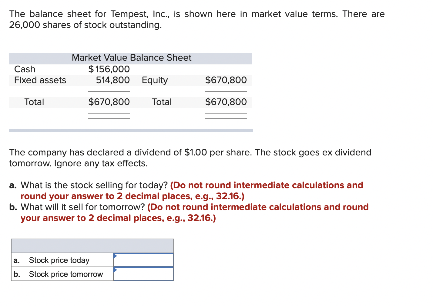 The Balance Sheet For Tempest Inc Is Shown Here In Market Value Terms There Are 26 000 Shares Of Stock Outstanding 1