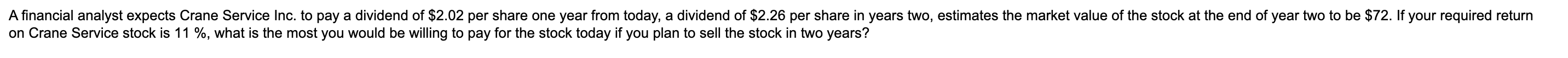 A Financial Analyst Expects Crane Service Inc To Pay A Dividend Of 2 02 Per Share One Year From Today A Dividend Of 1