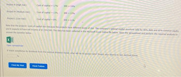 Project H High Risk Cost Of Capital 17 Irr 19 Project M Medium Risk Cost Of Capital 13 Irr 129 Project L 1