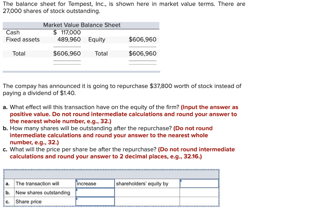 The Balance Sheet For Tempest Inc Is Shown Here In Market Value Terms There Are 27 000 Shares Of Stock Outstanding 1