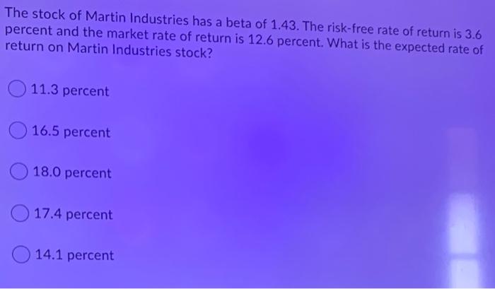 The Stock Of Martin Industries Has A Beta Of 1 43 The Risk Free Rate Of Return Is 3 6 Percent And The Market Rate Of Re 1