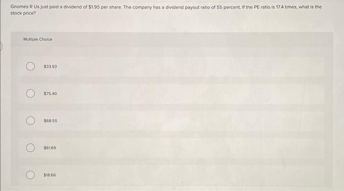Gnomes R Us Just Paid A Dividend Of 1 95 Per Share The Company Has A Dividend Payout Ratio Of 55 Percent If The Pe Ra 1