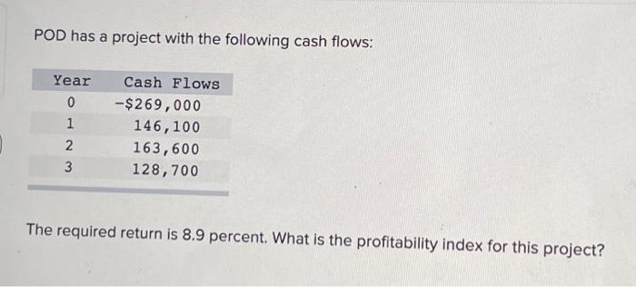 Pod Has A Project With The Following Cash Flows Year 0 1 2 3 Cash Flows 269 000 146 100 163 600 128 700 The Required 1