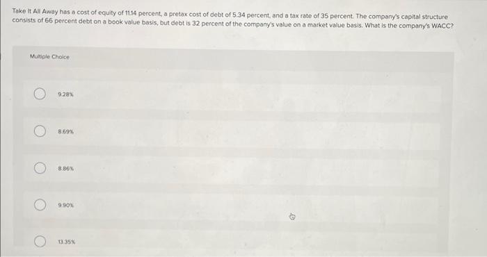 Take It All Away Has A Cost Of Equity Of 1134 Percent A Pretax Cost Of Debt Of 5 34 Percent And A Tax Rate Of 35 Perce 1
