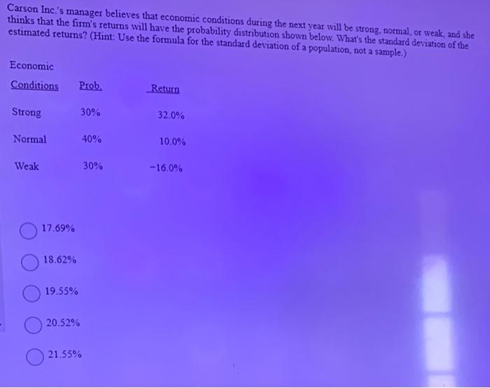 Returns For The Dayton Company Over The Last 3 Years Are Shown Below What S The Standard Deviation Of The Firm S Return 2