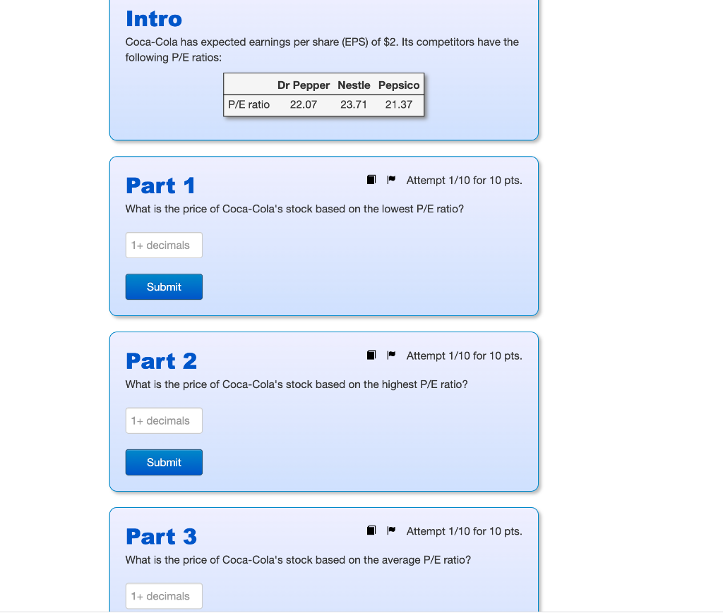 Intro Coca Cola Has Expected Earnings Per Share Eps Of 2 Its Competitors Have The Following P E Ratios Dr Pepper Ne 1