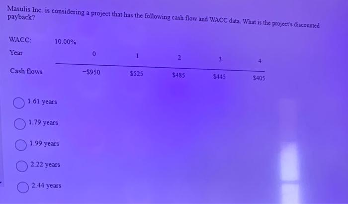 Masulis Inc Is Considering A Project That Has The Following Cash Flow And Wacc Data What Is The Project S Discounted P 1