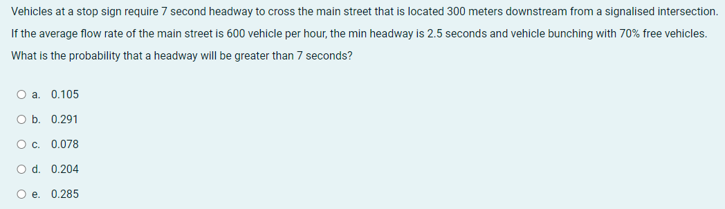 Vehicles At A Stop Sign Require 7 Second Headway To Cross The Main Street That Is Located 300 Meters Downstream From A S 1