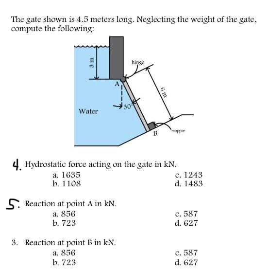 The Gate Shown Is 4 5 Meters Long Neglecting The Weight Of The Gate Compute The Following 3 M Hinge A W9 30 Water B S 1