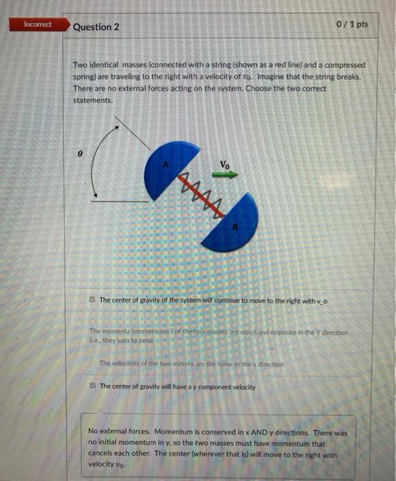 Incorrect Question 2 0 1 Pts Two Identical Masses Connected With A String Shown As A Red Line And A Compressed Spring 1