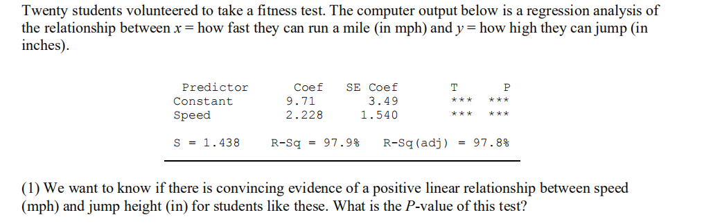 Twenty Students Volunteered To Take A Fitness Test The Computer Output Below Is A Regression Analysis Of The Relationsh 1