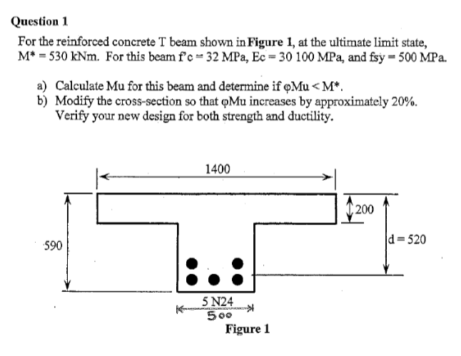 Question 1 For The Reinforced Concrete T Beam Shown In Figure 1 At The Ultimate Limit State M 530 Knm For This Bea 1