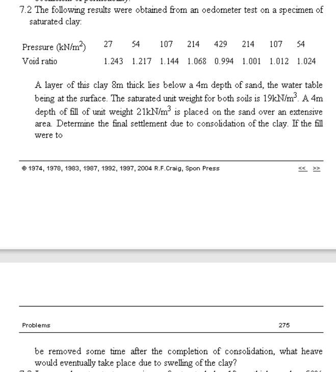 7 2 The Following Results Were Obtained From An Oedometer Test On A Specimen Of Saturated Clay Pressure Kn M2 Void Ra 1