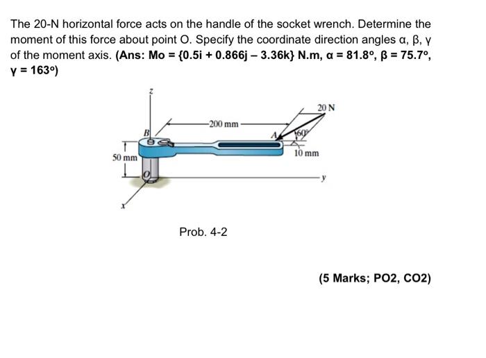 The 20 N Horizontal Force Acts On The Handle Of The Socket Wrench Determine The Moment Of This Force About Point O Spe 1
