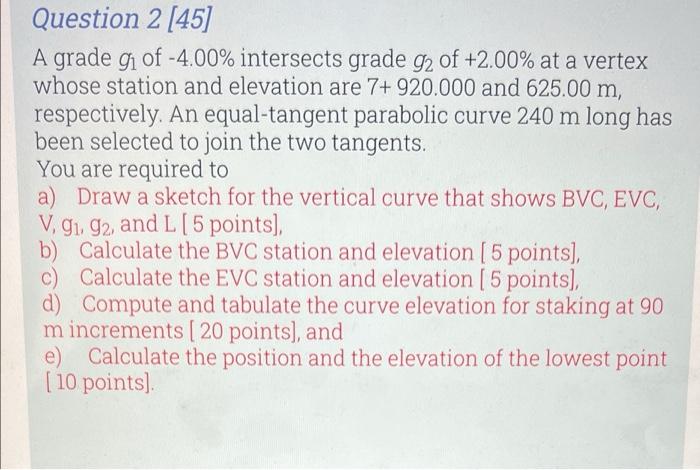 Question 2 45 A Grade Gi Of 4 00 Intersects Grade G2 Of 2 00 At A Vertex 91 Whose Station And Elevation Are 7 920 1