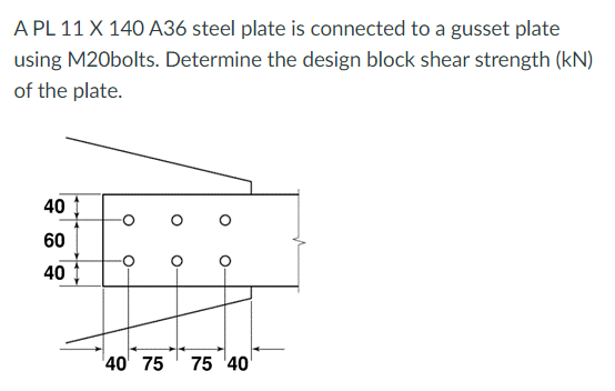 A Pl 11 X 140 A36 Steel Plate Is Connected To A Gusset Plate Using M20bolts Determine The Design Block Shear Strength 1
