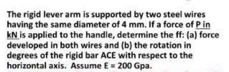 The Rigid Lever Arm Is Supported By Two Steel Wires Having The Same Diameter Of 4 Mm If A Force Of Pin Kn Is Applied To 1