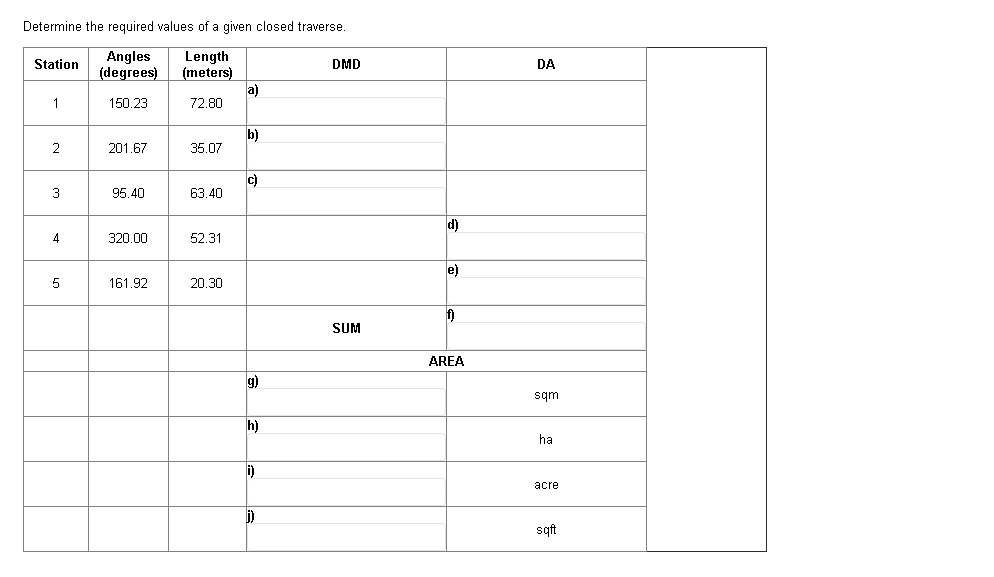 Determine The Required Values Of A Given Closed Traverse Station Angles Degrees Length Meters Dmd Da A 1 150 23 72 1