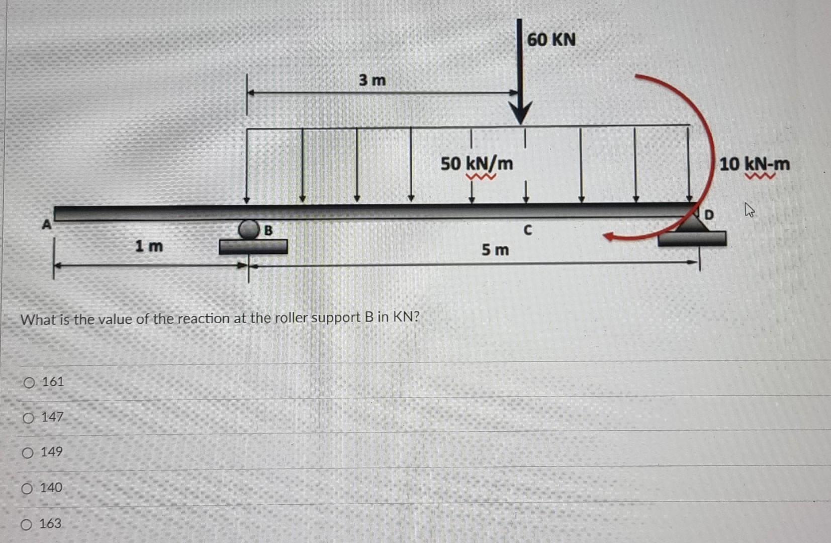 60 Kn 3 M 50 Kn M 10 Kn M W B 1 M 5 M What Is The Value Of The Reaction At The Roller Support B In Kn 0 161 O 147 O 149 1