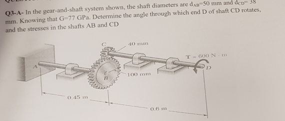 Q3 A In The Gear And Shaft System Shown The Shaft Diameters Are Da 50 Mm And Dep 38 Mm Knowing That G 77 Gpa Determi 1