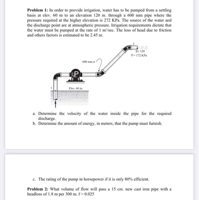 Problem 1 In Order To Provide Irrigation Water Has To Be Pumped From A Settling Basis At Elev 60 M To An Elevation 12 1