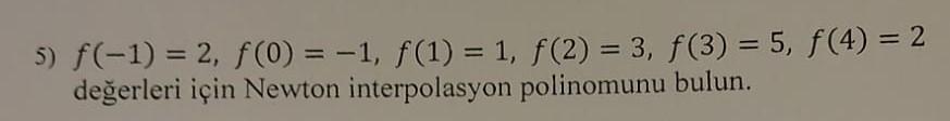 5 F 1 2 F 0 1 F 1 1 F 2 3 F 3 5 F 4 2 Degerleri Icin Newton Interpolasyon Polinomunu Bulun 1