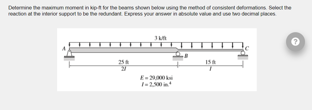 Determine The Maximum Moment In Kip Ft For The Beams Shown Below Using The Method Of Consistent Deformations Select The 1