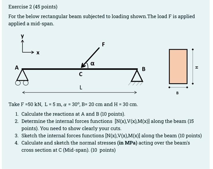 Exercise 2 45 Points For The Below Rectangular Beam Subjected To Loading Shown The Load F Is Applied Applied A Mid Sp 1