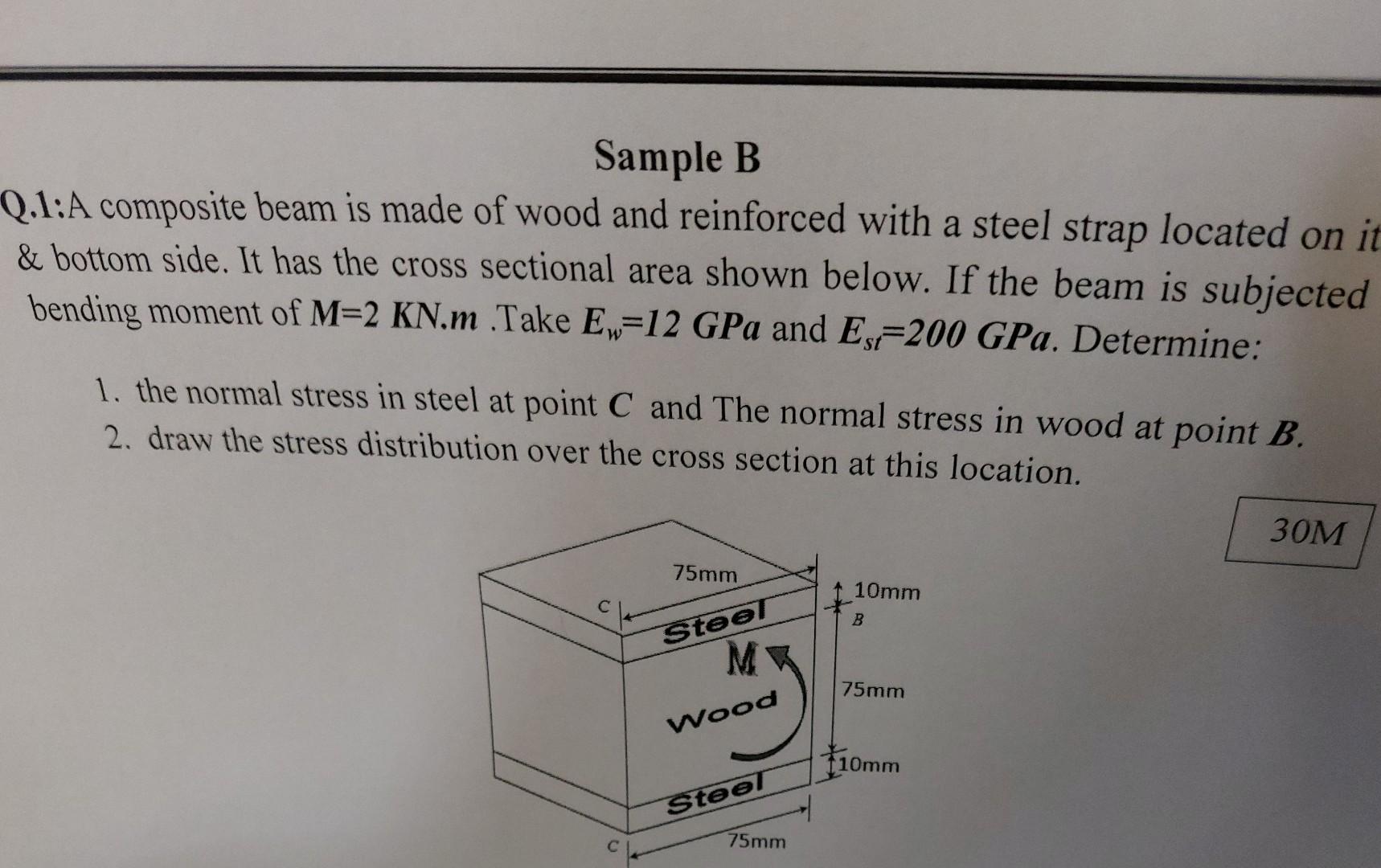Sample B Q 1 A Composite Beam Is Made Of Wood And Reinforced With A Steel Strap Located On It Bottom Side It Has The 1