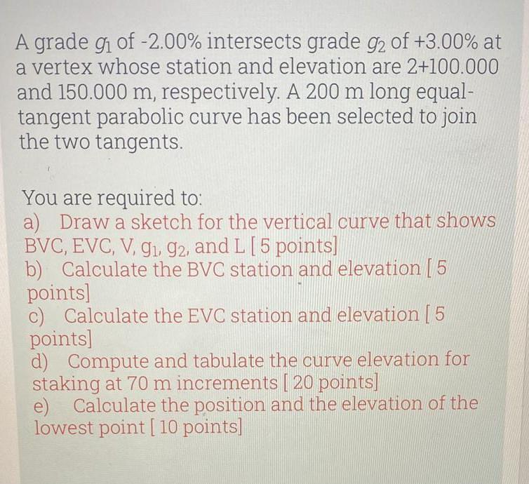A Grade Gi Of 2 00 Intersects Grade 92 Of 3 00 At A Vertex Whose Station And Elevation Are 2 100 000 And 150 000 M 1