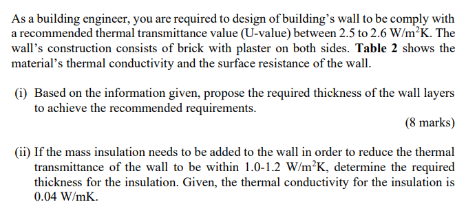 As A Building Engineer You Are Required To Design Of Building S Wall To Be Comply With A Recommended Thermal Transmitta 1