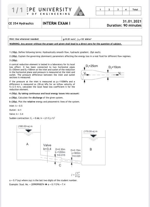 1 2 3 4 Total 1 1 Epe University Y Of Engineering Ce 354 Hydraulics Interm Exami 31 01 2021 Duration 90 Minutes Hint U 1