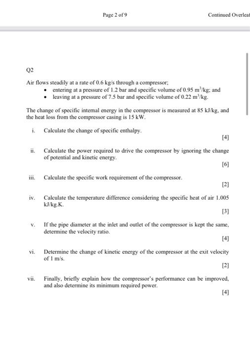 Page 2 Of 9 Continued Overlea Q2 Air Flows Steadily At A Rate Of 0 6 Kg S Through A Compressor Entering At A Pressure O 1